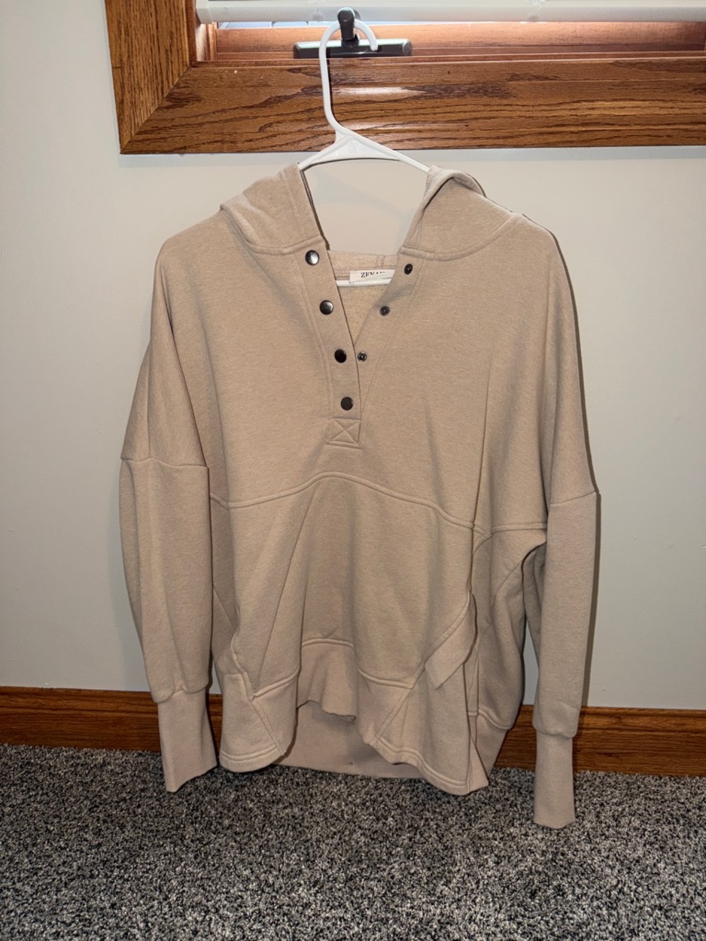 Light Beige Hooded Snap-Placket Teddy Jacket